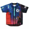 Cyberpunk night city baseball jersey with hooded figure and glowing neon skyline front view