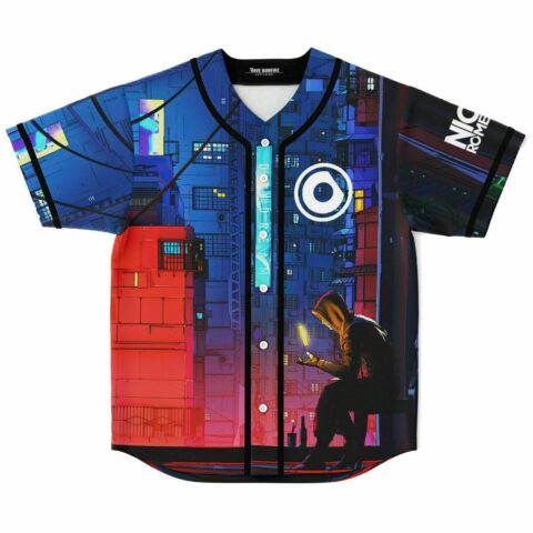 Cyberpunk night city baseball jersey with hooded figure and glowing neon skyline front view