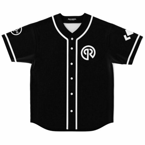 Black baseball jersey with white piping, bold R emblem on chest, laid flat