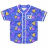 Periwinkle 80s rave baseball jersey with retro geometric shapes and angry mask logo, front view