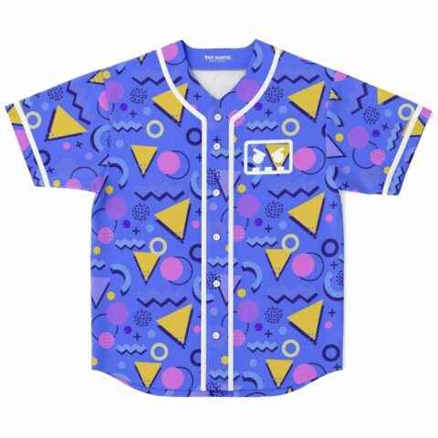 Periwinkle 80s rave baseball jersey with retro geometric shapes and angry mask logo, front view