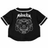 Back view of the black Marauda fan rave crop top with a bold graphic design and trim