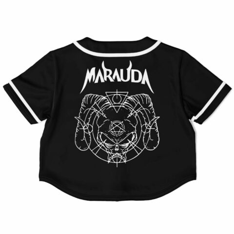 Back view of black crop top featuring bold graphic design and trim