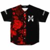 Red rose floral panel baseball jersey with black skull-eye emblem front view
