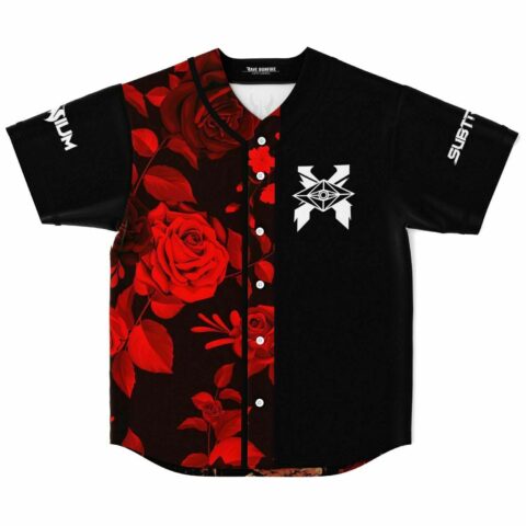 Red rose floral panel baseball jersey with black skull-eye emblem front view