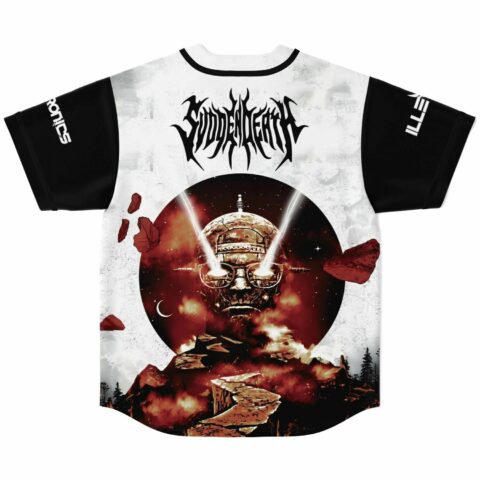 Skull mountain graphic back view with SVDDEN DEATH text on white jersey