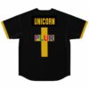 Black rave baseball jersey back view with Unicorn text and PLUR cross graphic
