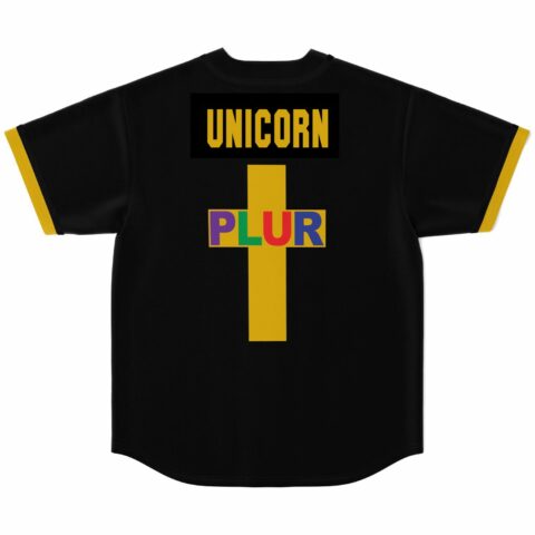 Black rave baseball jersey back view with Unicorn text and PLUR cross graphic