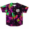 Front view of black liquid rave baseball jersey with neon acid trip swirl and Stay