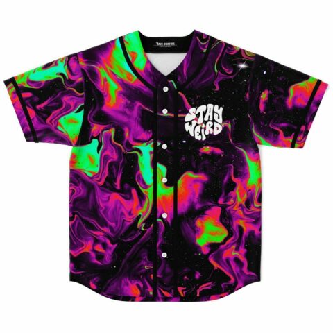 Front view of black liquid rave baseball jersey with neon acid trip swirl and Stay