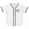 White baseball jersey with cute cartoon panda face patch and black trim, front view