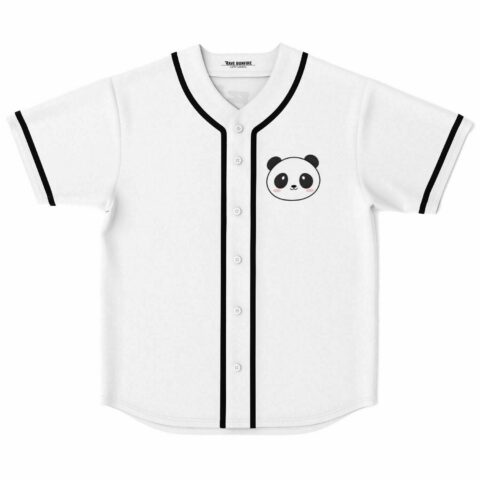 White baseball jersey with cute cartoon panda face patch and black trim, front view
