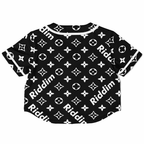 Back view of black crop jersey with text and logo designs