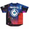PROTOCOL text and circular emblem over red and blue cyberpunk cityscape back view