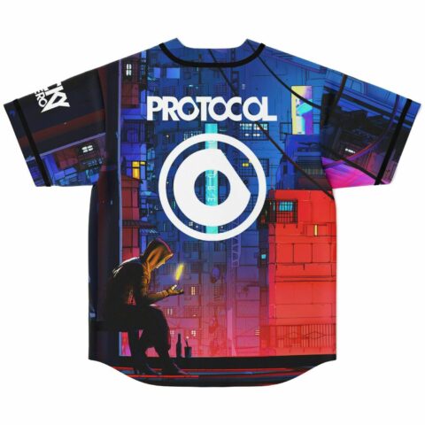 PROTOCOL text and circular emblem over red and blue cyberpunk cityscape back view