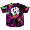 Back view of black liquid rave baseball jersey showing neon marble swirl design and Stay