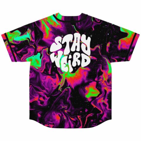 Back view of black liquid rave baseball jersey showing neon marble swirl design and Stay
