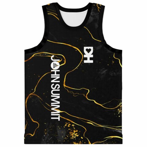 Black gold marble swirl rave basketball jersey front view with festival lineup text print