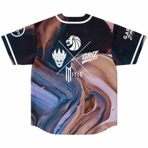 Back view of swirled marble jersey with lion and festival-inspired icon patches