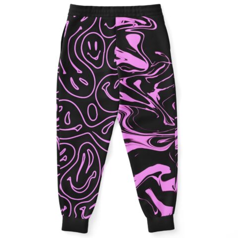 Back view flat lay showing pink acid smiley pattern and marbled swirl split design