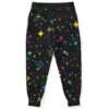 Back view of black sparkle print joggers showing colorful star scatter pattern and cuffed hems