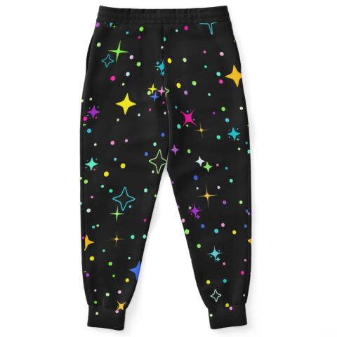 Back view of black sparkle print joggers showing colorful star scatter pattern and cuffed hems
