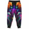 Bioluminescent jellyfish rave joggers front view with neon orange and pink glow design on black