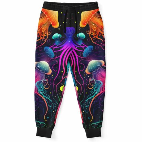 Bioluminescent jellyfish rave joggers front view with neon orange and pink glow design on black