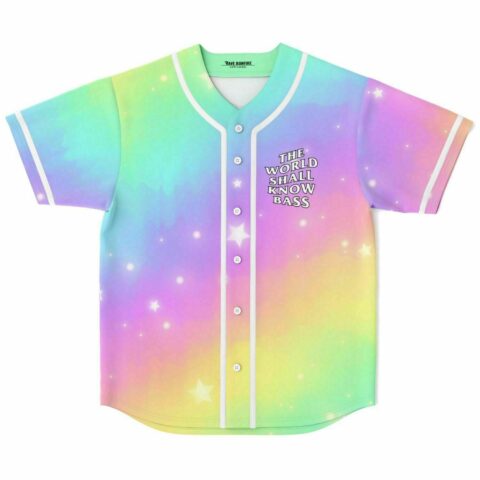 Pastel rainbow cloud print baseball jersey with The World Shall Know Bass text, front view