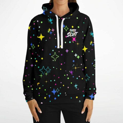 Front view of black rave hoodie with neon sparkle stars and dots plus Bass Slut