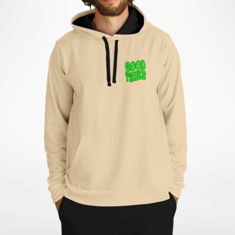 Cream Good Times hoodie close-up showing black drawstrings and bubble-text logo detail