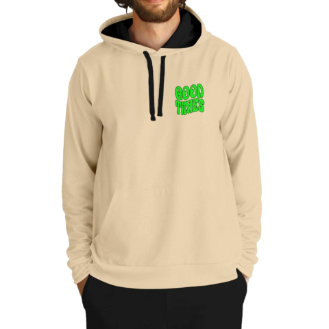 Cream retro rave hoodie with green bubble-letter Good Times print on chest, front view
