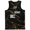 Black gold marble swirl rave basketball jersey back view with stacked festival lineup typography