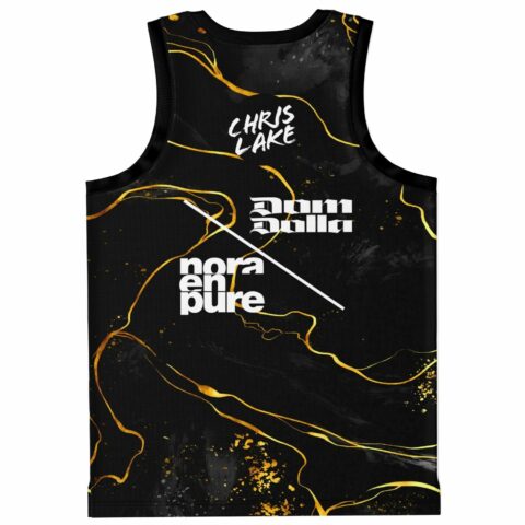 Black gold marble swirl rave basketball jersey back view with stacked festival lineup typography