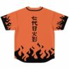 Orange black flame rave baseball jersey back view showing vertical kanji lettering and flame hem