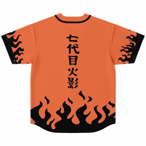 Orange black flame rave baseball jersey back view showing vertical kanji lettering and flame hem