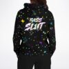 Back view of black hoodie showing neon sparkle print and Bass Slut graffiti-style text across