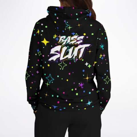 Back view of black hoodie showing neon sparkle print and Bass Slut graffiti-style text across