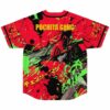 Red chainsaw wielding rave baseball jersey back view with Pochita Gang text and monster fangs
