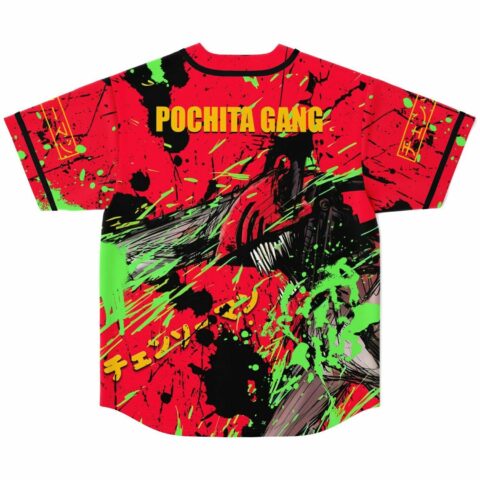 Red chainsaw wielding rave baseball jersey back view with Pochita Gang text and monster fangs