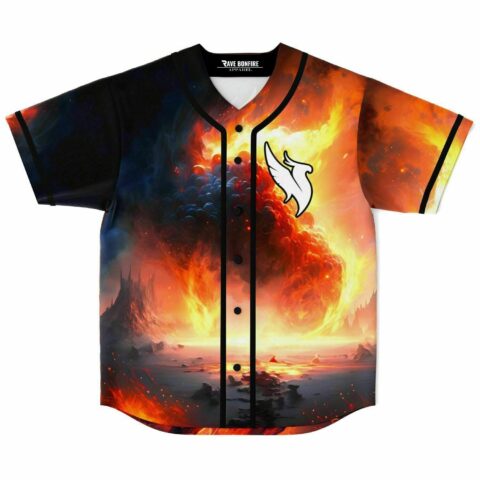 Fiery orange apocalyptic baseball jersey with black cloud burst and wing logo front view
