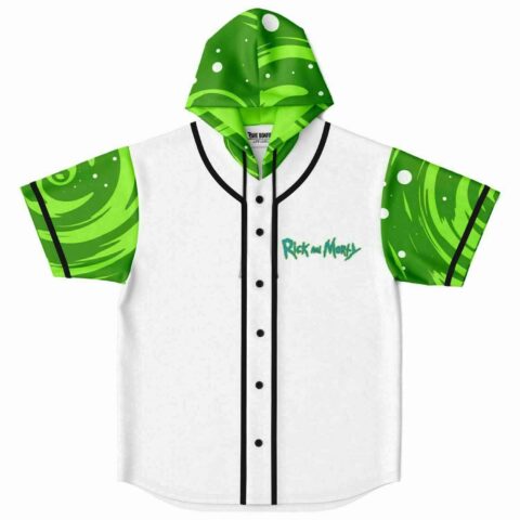 White hooded baseball jersey with green portal-swirl sleeves and cartoon-inspired chest logo, front view