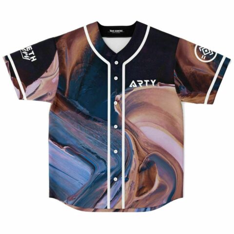 Marbled swirl rave baseball jersey in navy and copper tones with white button front