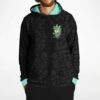 close-up of chest graphic on trippy melting cartoon face rave hoodie showing wide-eyed toon design