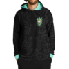 Front view of melting cartoon face rave hoodie, mint hood lining, dark tribal print