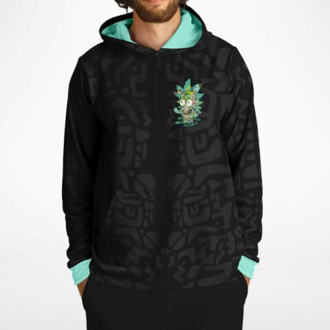 close-up of chest graphic on trippy melting cartoon face rave hoodie showing wide-eyed toon design