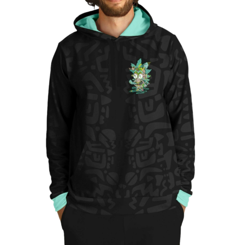 Front view of melting cartoon face rave hoodie, mint hood lining, dark tribal print