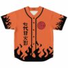Orange black flame rave baseball jersey front view with red spiral emblem and kanji text