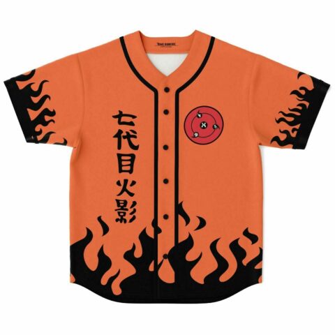 Orange black flame rave baseball jersey front view with red spiral emblem and kanji text