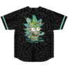 Back view, black abstract doodle rave jersey, mint trim, cartoon-style melting face graphic